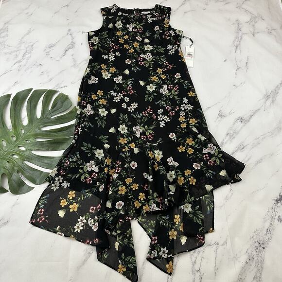 Calvin Klein Floral Midi Dress Size 10 New Black Green Flutter Hem Shift - Picture 1 of 10